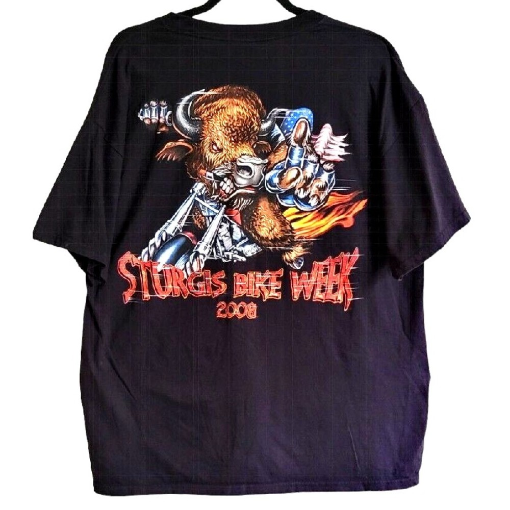 2008 Sturgis Bike Week Rally Bull Flames Both Side Graphics Black TShirt Mens XL